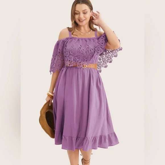 solid cold shoulder contrast lace pocket ruffle hem dress Women's Casual Summer Sexy Off Shoulder Lace Sleeve Solid Ruffled Dress Mini Dress White at Amazon Women's Clothing store